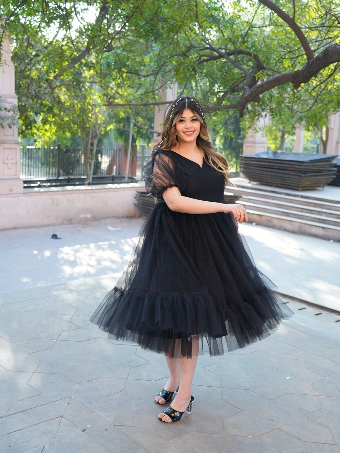 Swadeshi Shringaar Plus Size V Neck Net A-Line Dress