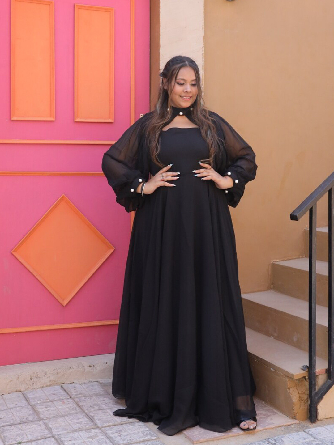 Swadeshi Shringaar High Neck Extended Sleeves Cut-Outs Detail Fit & Flare Maxi Dress