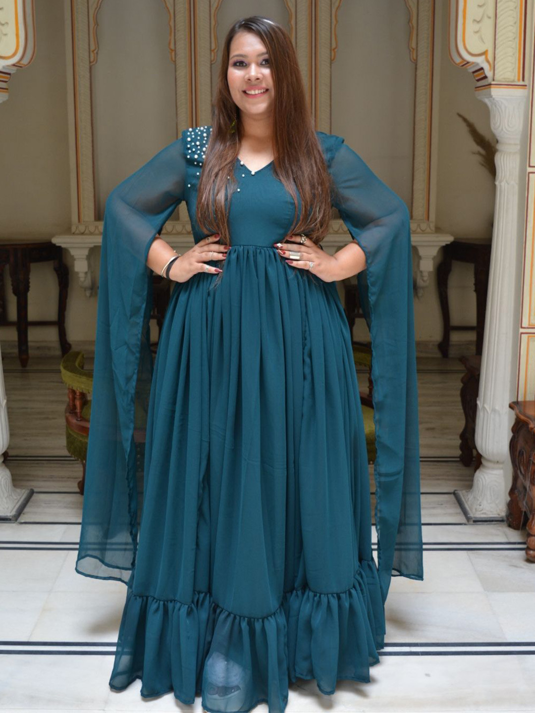 Swadeshi Shringaar V-Neck Cape Sleeves Gathered Fit & Flare Maxi Dress