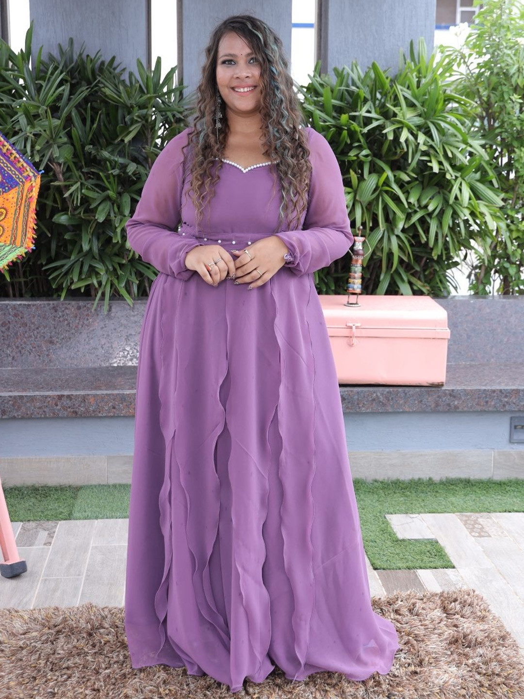 Swadeshi Shringaar Plus Size Sweetheart Neck Long Sleeves Ruffles Fit & Flare Maxi Dress