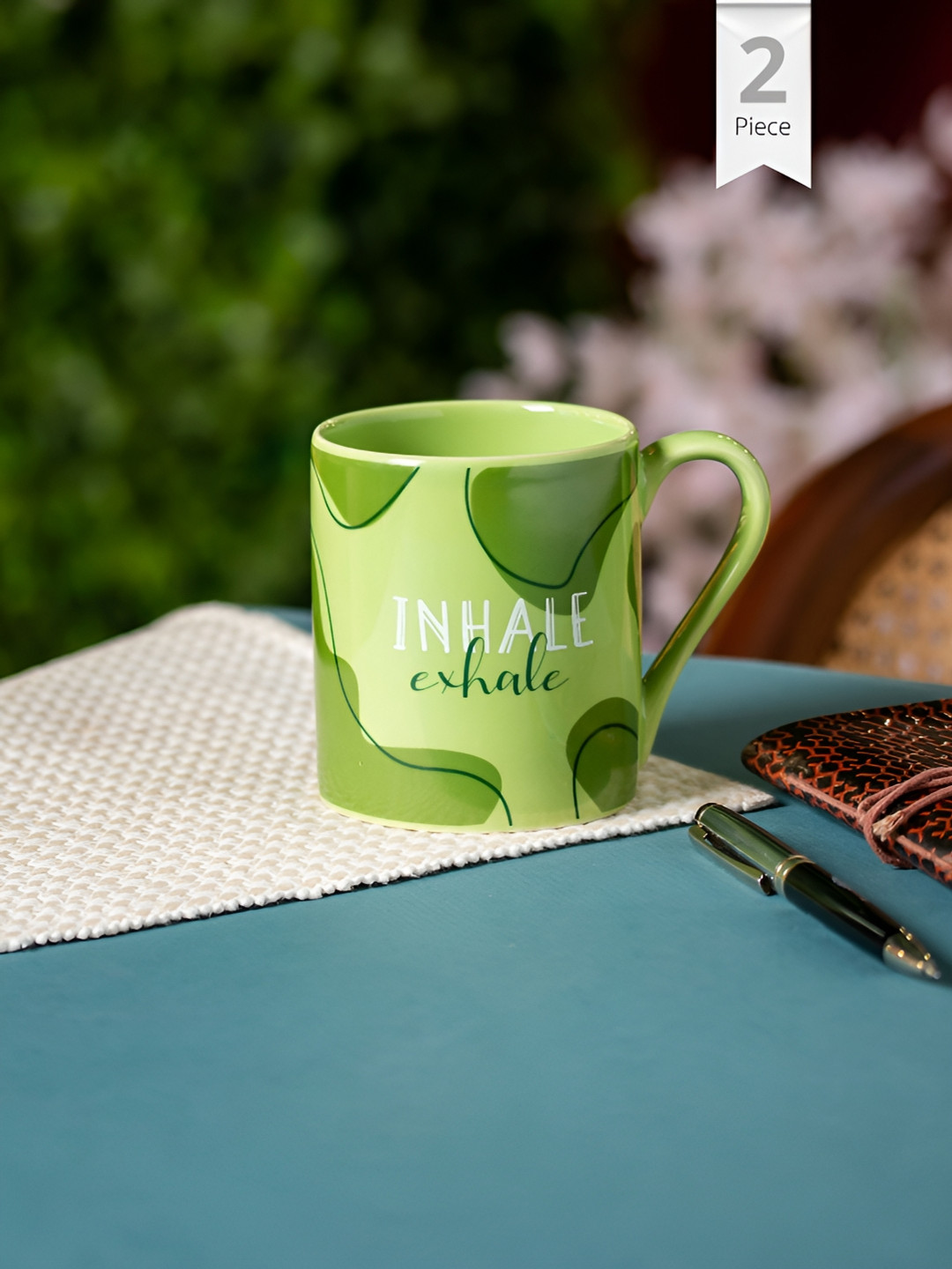 CLAY CRAFT New Modern Design Green Typography Ceramic Handmade 2 Piece Mugs-350ml