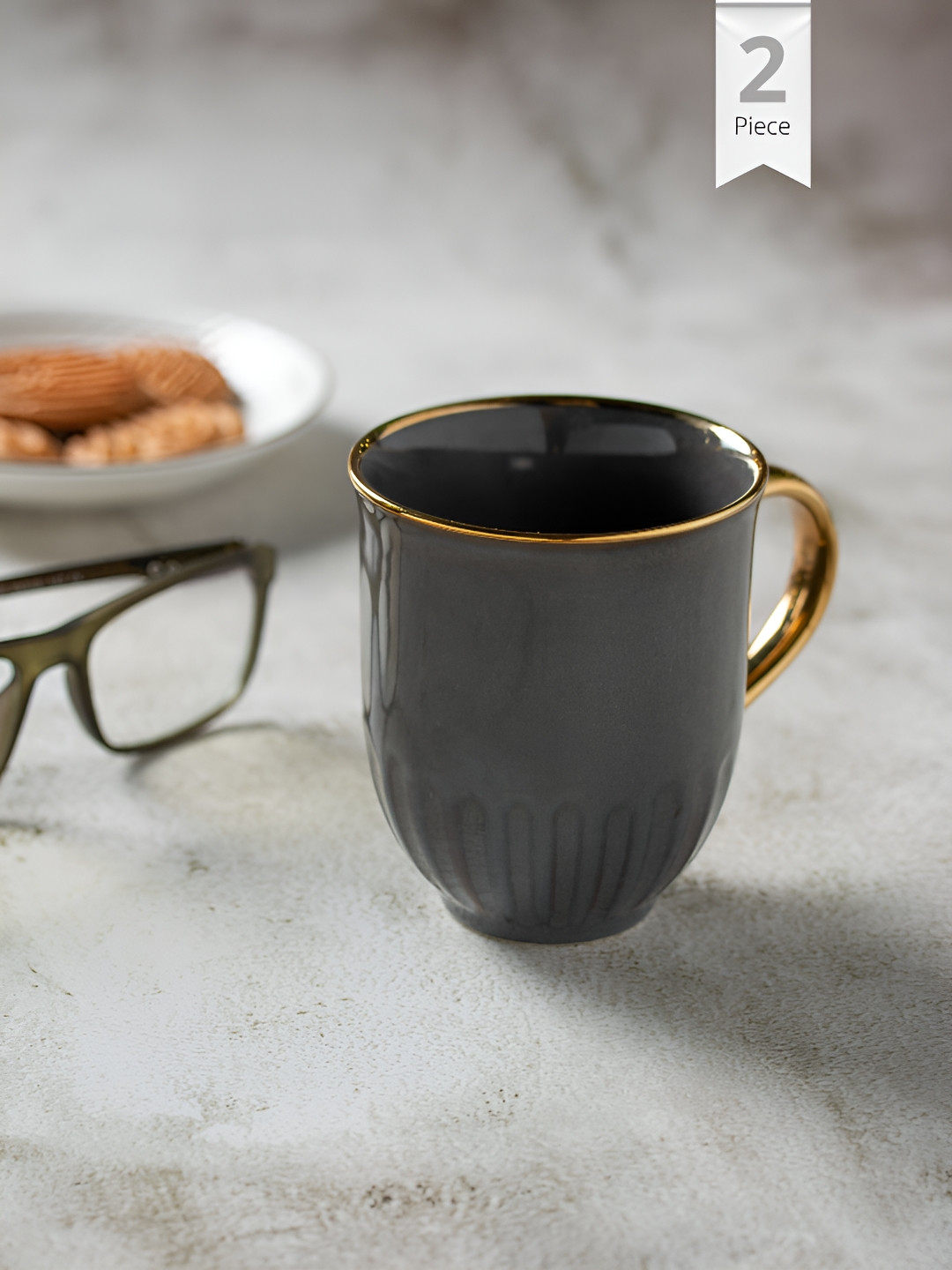 CLAY CRAFT Grey & Gold-Toned 2 Pieces Premium Ceramic Glossy Mugs 280 ml Each