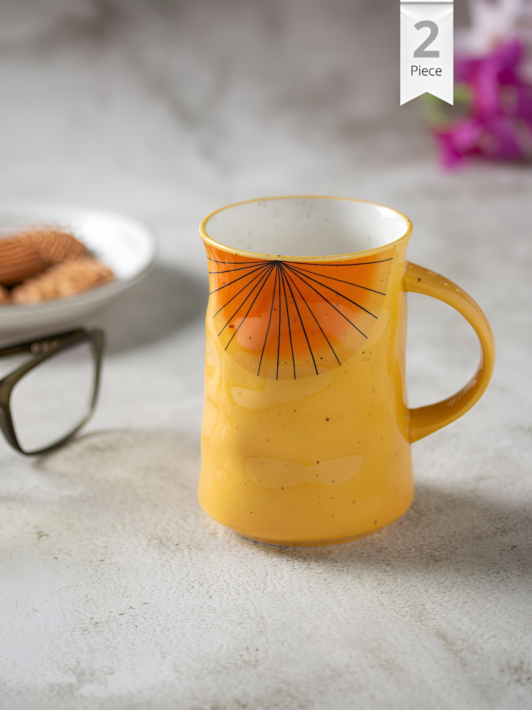 CLAY CRAFT New Modern Design Yellow Abstract Ceramic Microwave Safe 2 Piece Mugs-320ml