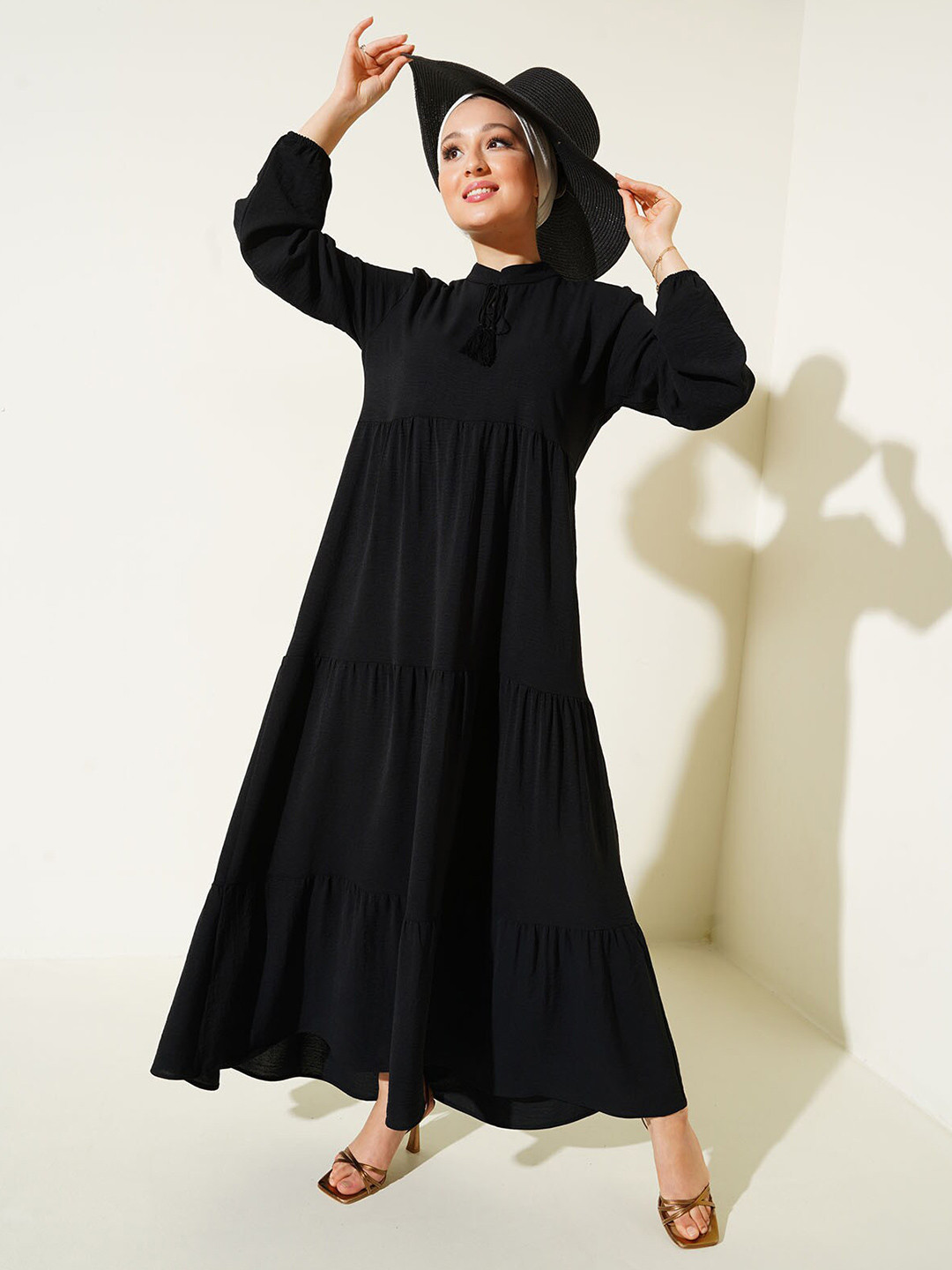 BIGDART Mandarin Collar Puff Sleeves Tiered Maxi Dress