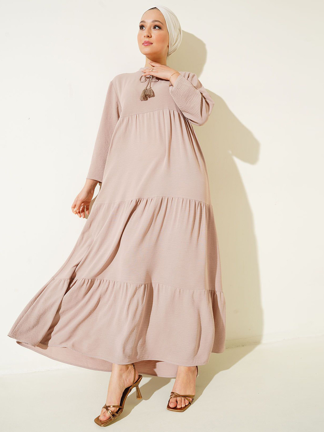 BIGDART Tie-Up Neck Long Sleeves Flared A-Line Maxi Dress