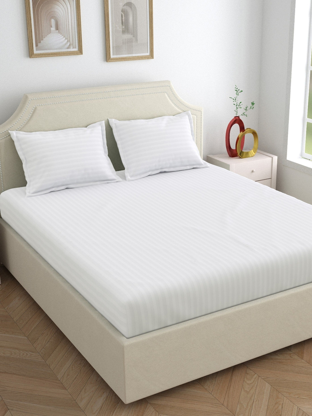 Dreamscape White Striped Cotton 400 TC King Bedsheet With 2 Pillow Covers