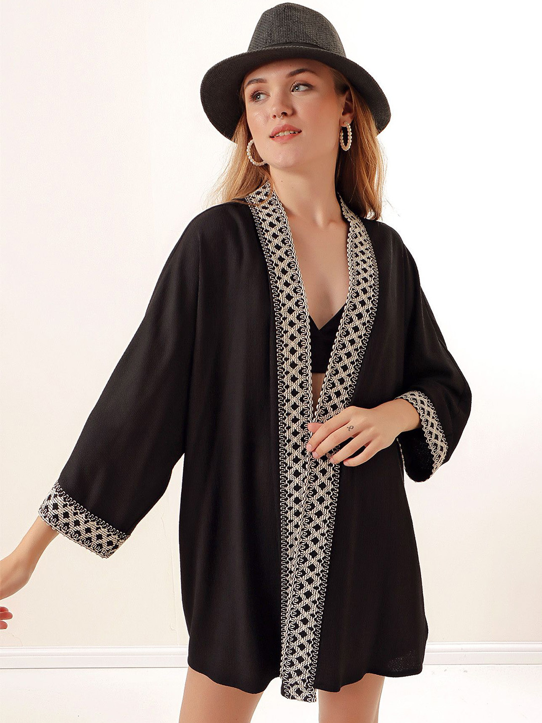 BIGDART Embroidered Open Front Long Sleeves Longline Shrug