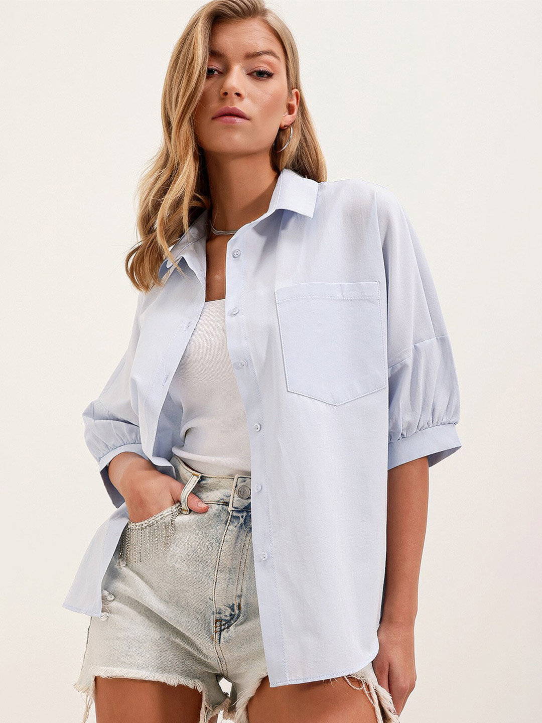 BIGDART Spread Collar Puff Sleeves Pockets Casual Shirt