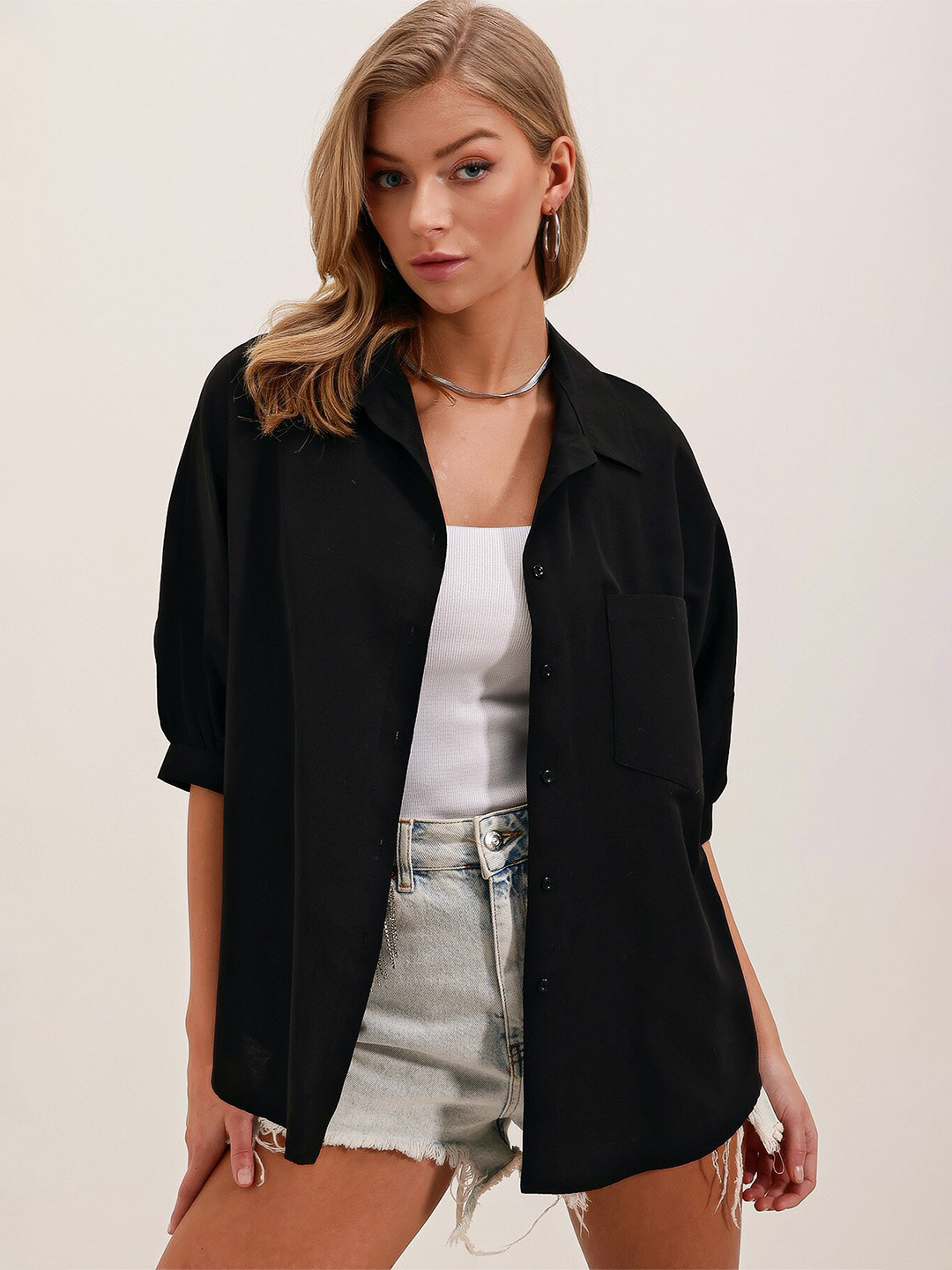 BIGDART Spread Collar Puff Sleeves Pockets Casual Shirt