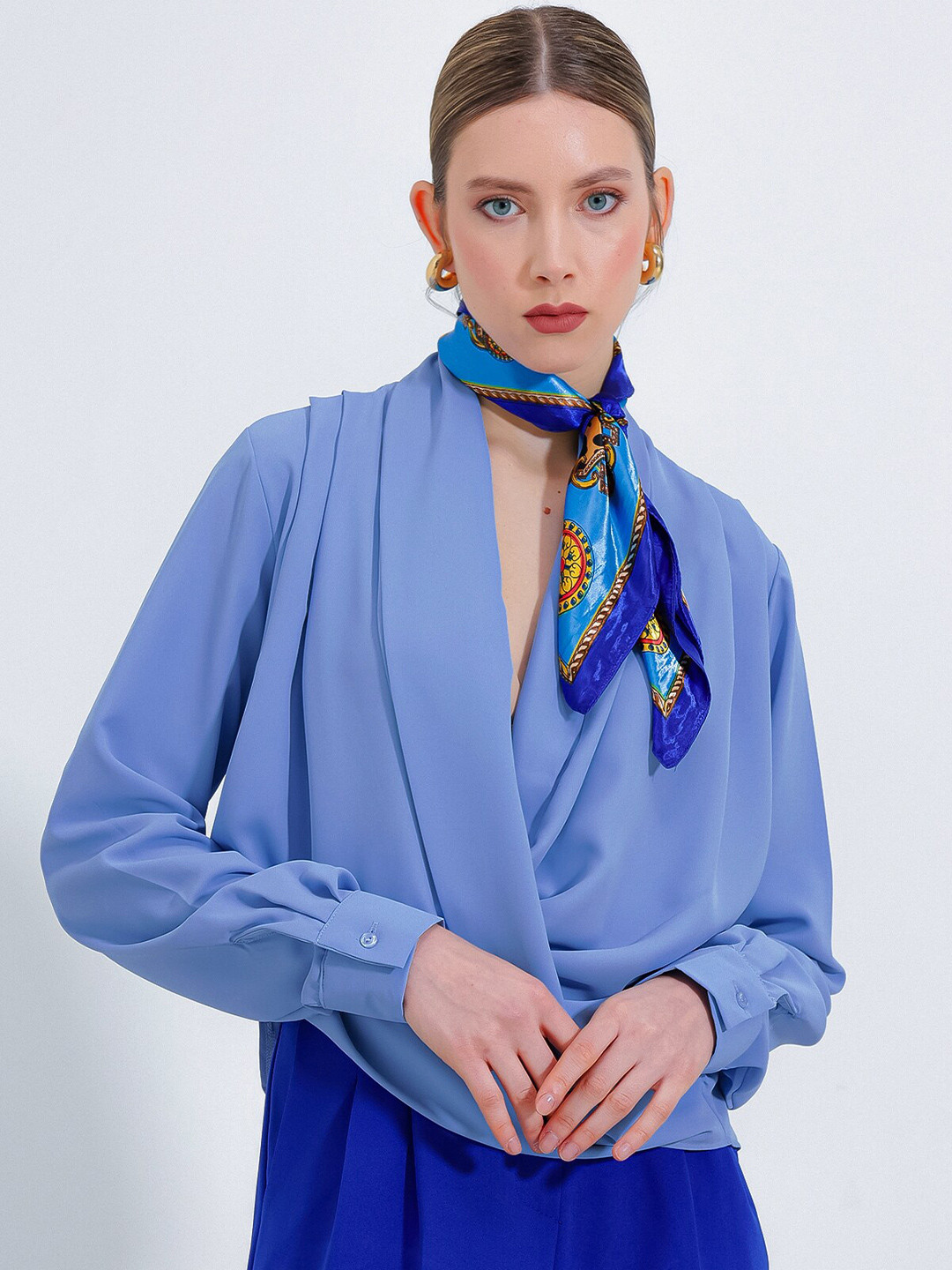 BIGDART Shawl Neck Cuffed sleeves Pleated Casual Wrap Top