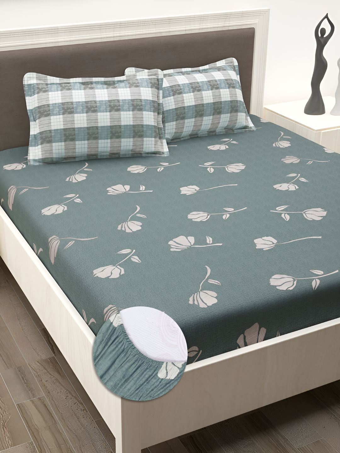 Story@home Grey Floral Cotton Light Weight 186 TC Fitted King Fine Bedsheet with 2 Pillow Covers-72 x 78 inches