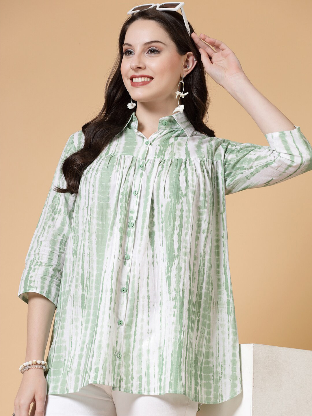 NEW STYLISH Spread Collar Straight Shibori Printed Cotton Casual Shirt