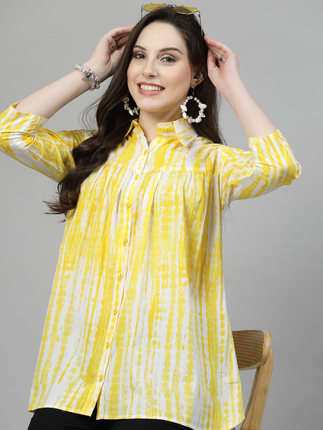 NEW STYLISH Straight Shibori Printed Cotton Spread Collar Shirt