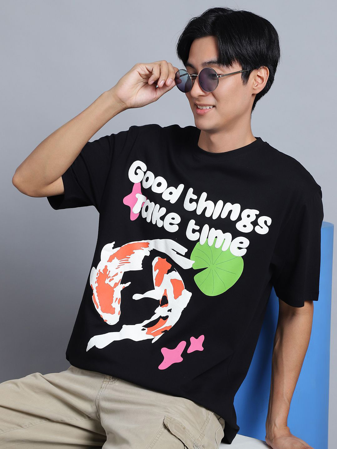 DOOR74 Typography Printed Short Sleeves Applique Cotton Oversized T-shirt
