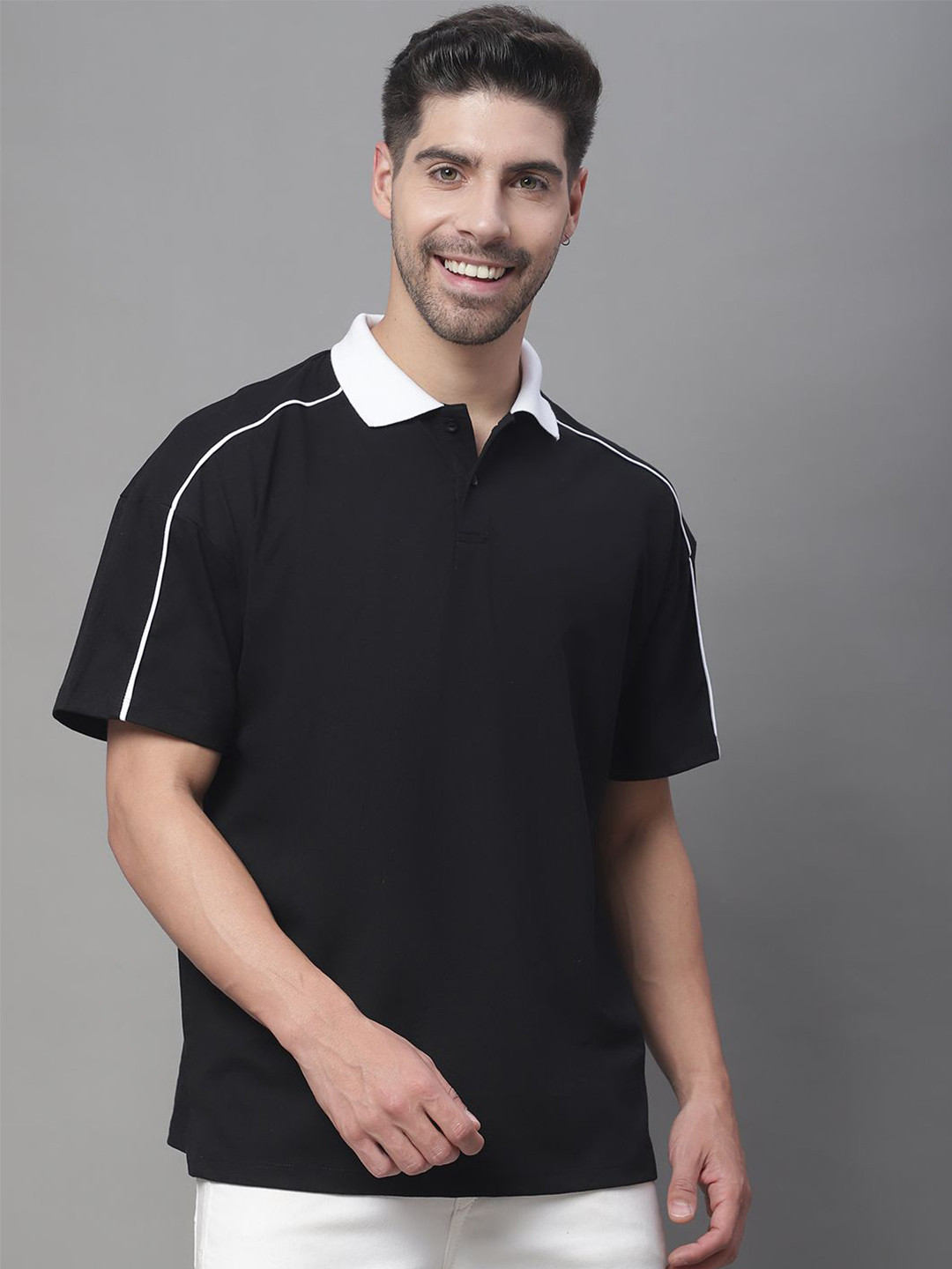 DOOR74 Polo Collar Short Sleeves Knitted Cotton Oversized T-shirt