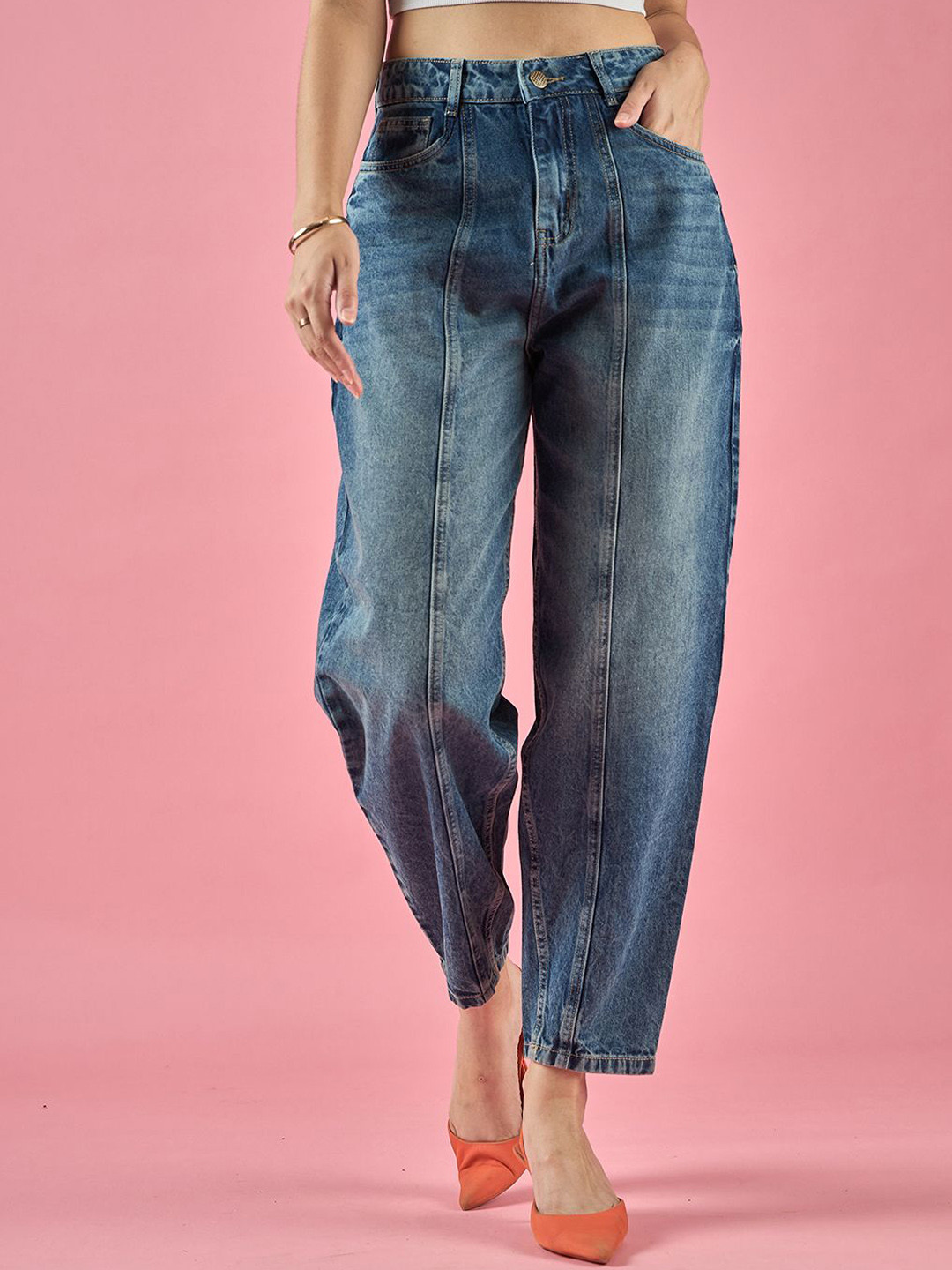 DressBerry Women Classic Tapered Fit High Rise Heavy Fade Pure Cotton Cropped Jeans