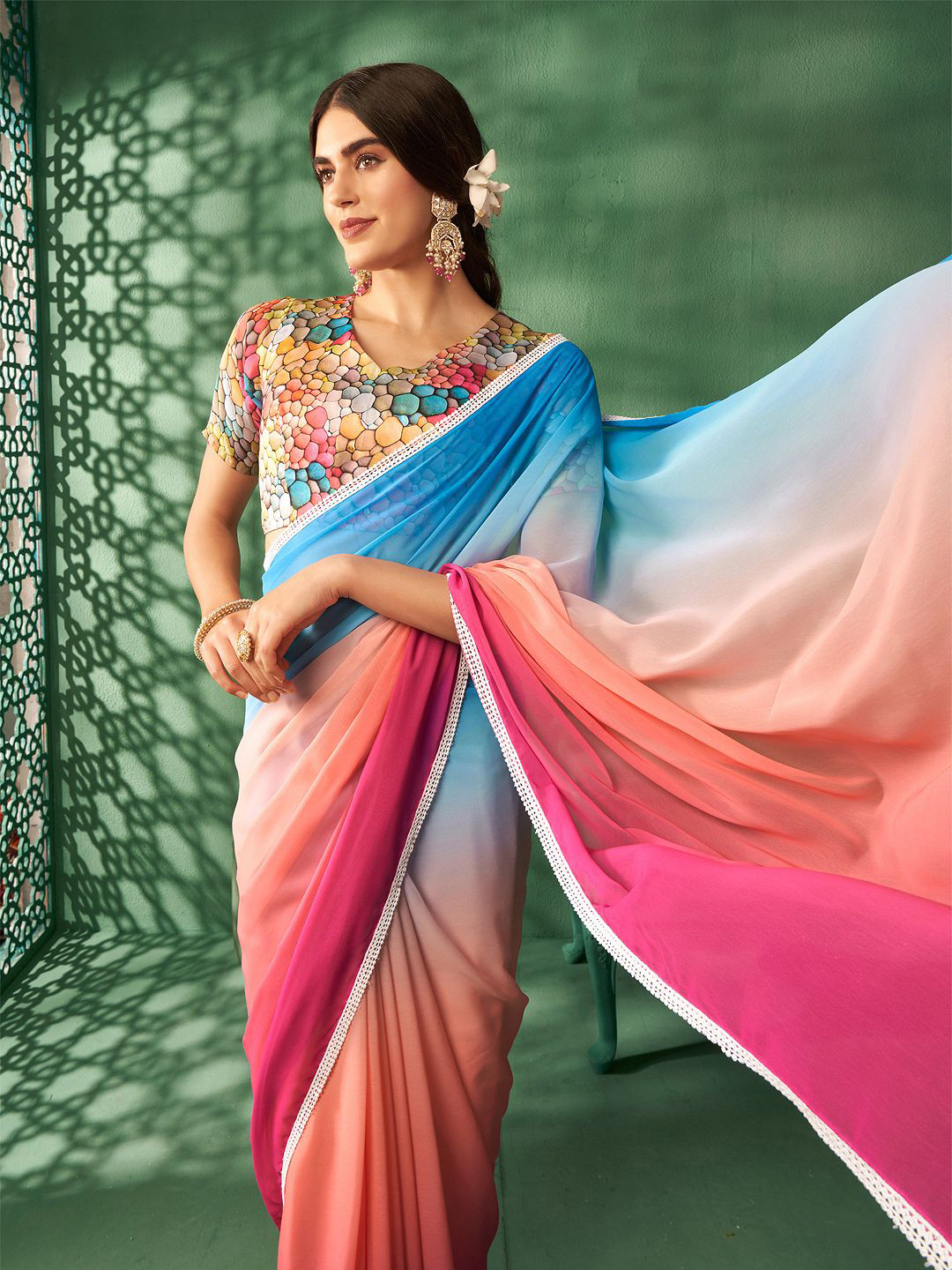 Sangria Ombre Pure Georgette Saree With Blouse Piece