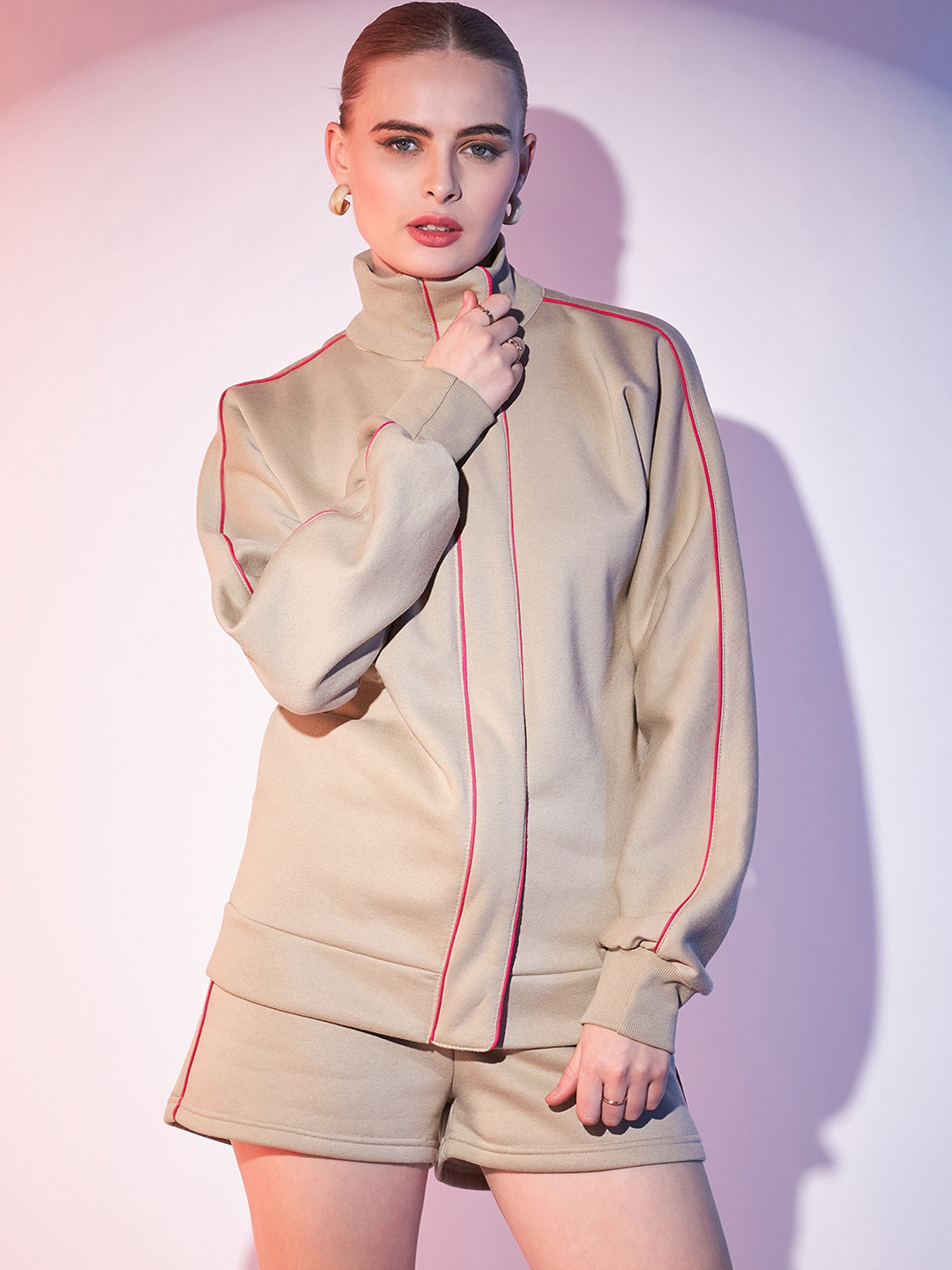 STREET 9 Mock Neck Long Sleeves Pure Cotton Casual Sweatshirt & Shorts