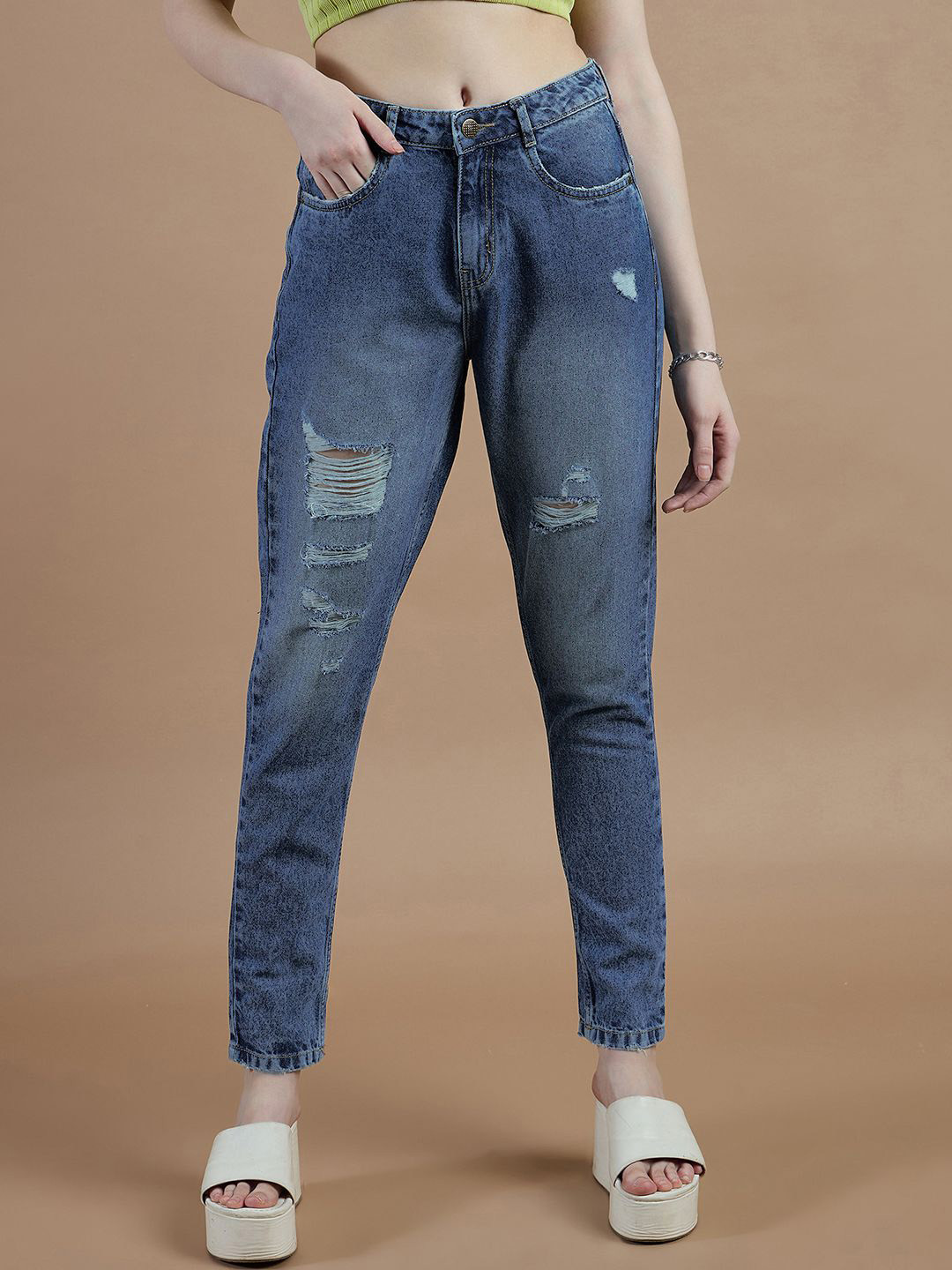 The Roadster Lifestyle Co Women Classic High-Rise Mildly Distressed Cotton Ripped Jeans