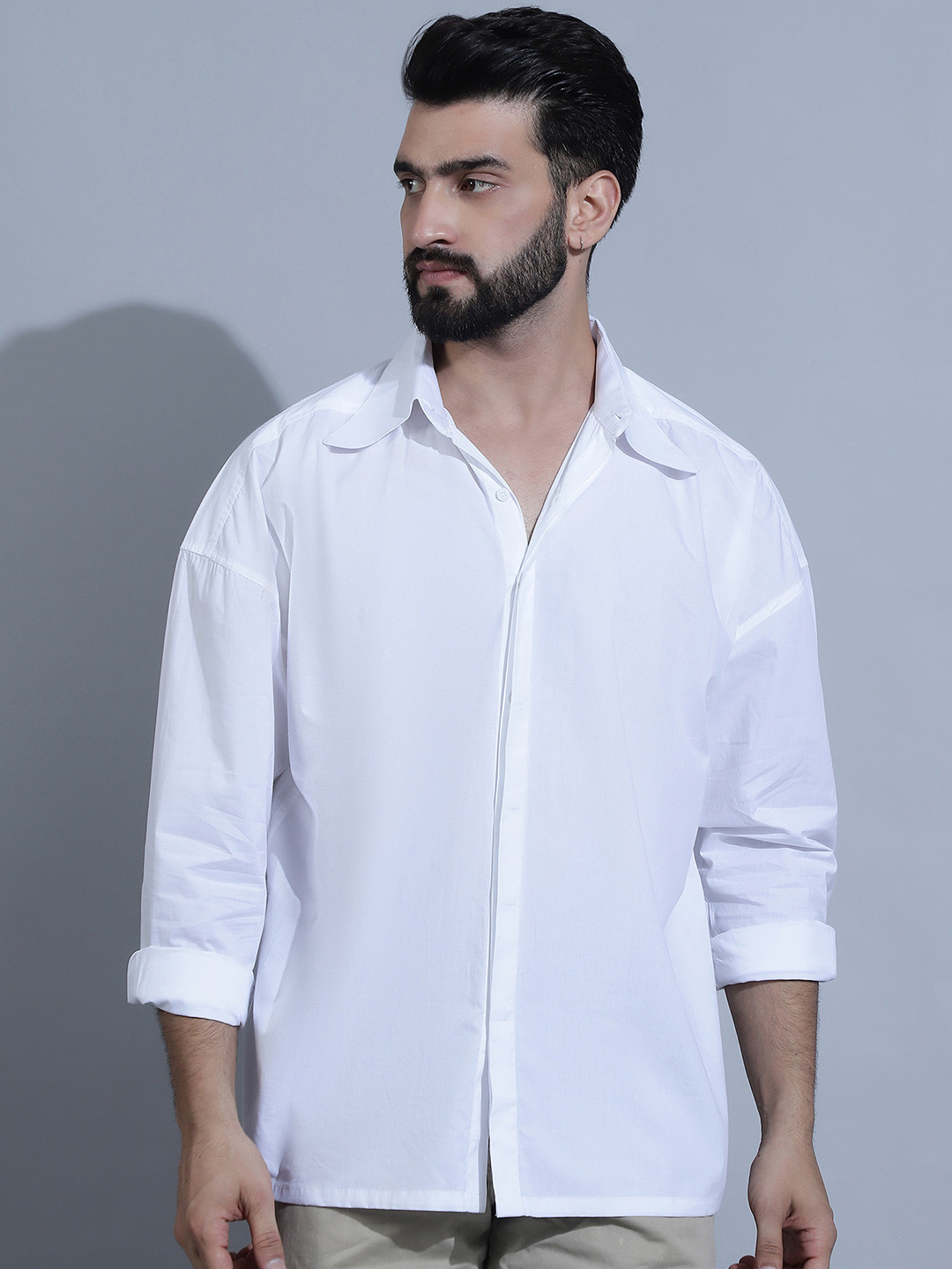 DOOR74 New Drop-Shoulder Sleeves Concealed Button Placket Oversized Cotton Casual Shirt