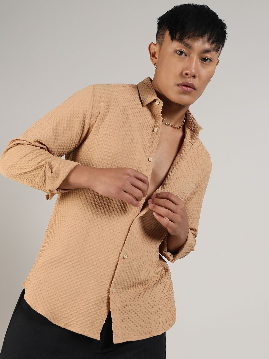 CAHOOT Men's Comfort Self Design Textured Spread Collar Shirt