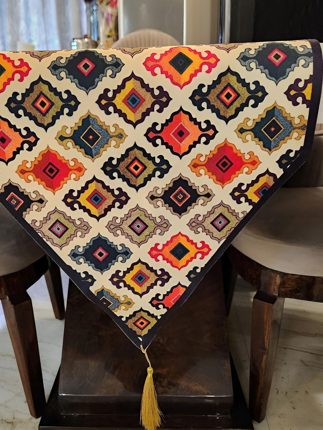 MONKDECOR  Beige & Orange Coloured Velvet 5D Printed Design Dining Table Runner