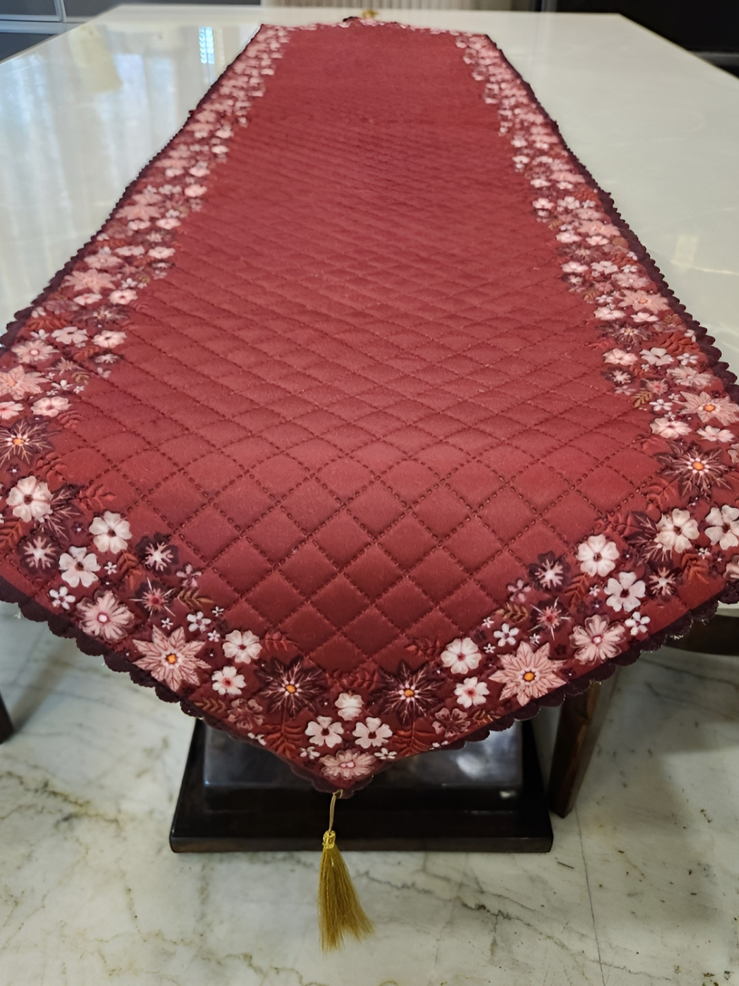 MONKDECOR Velvet Maroon & White Self Design Floral Printed Table Runner