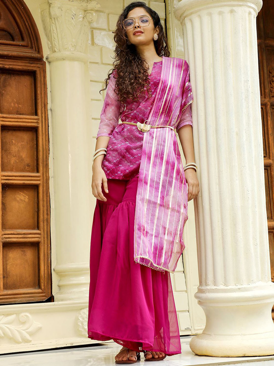 QISSA Purple Embroidered Regular Sequinned Kurta with Sharara & Dupatta Set