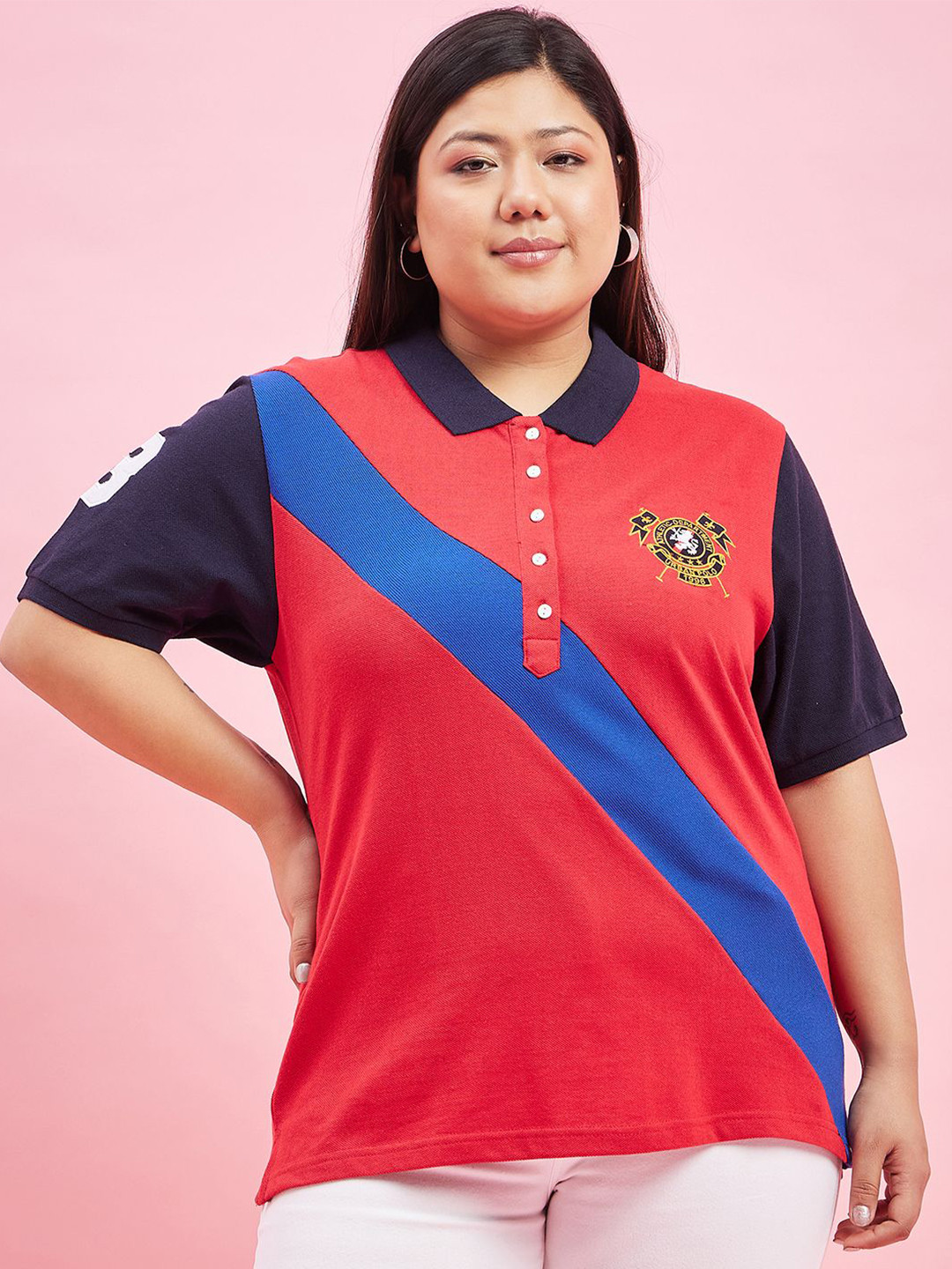 AUSTIVO Plus Size Colourblocked Polo Collar Cotton Tshirt
