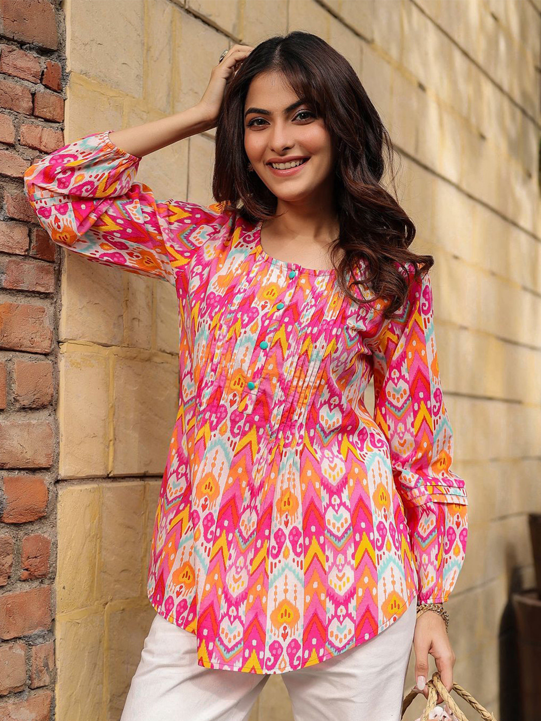 Rain & Rainbow Long Sleeves Printed Pure Cotton Ikat Kurti