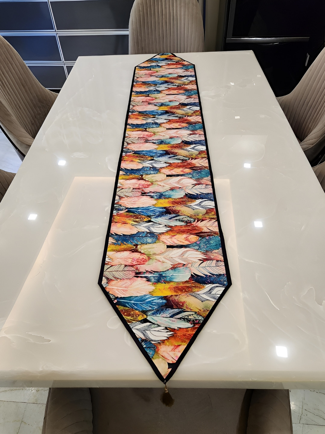 TANLOOMS Black & Peach 5D Printed Velvet Rectangle Table Runner