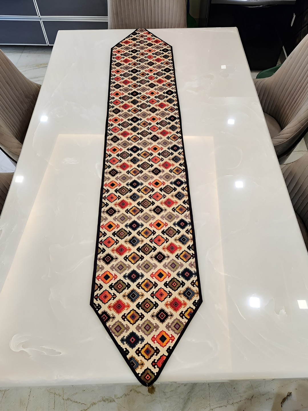 TANLOOMS Beige & Orange 5D Printed Velvet Rectangle Table Runner