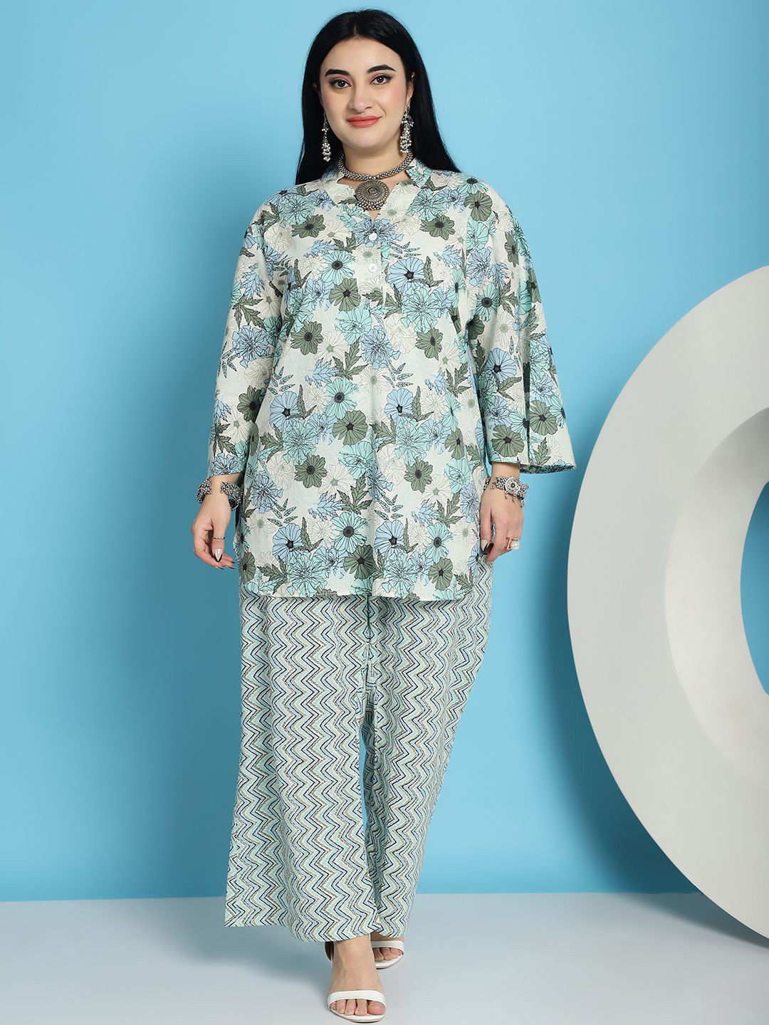 TAG 7Plus Size Floral Printed Mandarin Collar Flared Sleeves Pure Cotton Tunic & Palazzos