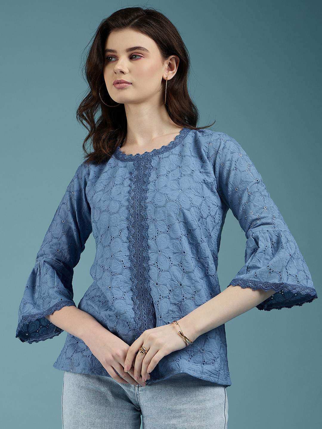 DressBerry Round Neck Schfili Bell Sleeve Cotton Schiffli Blouson Top