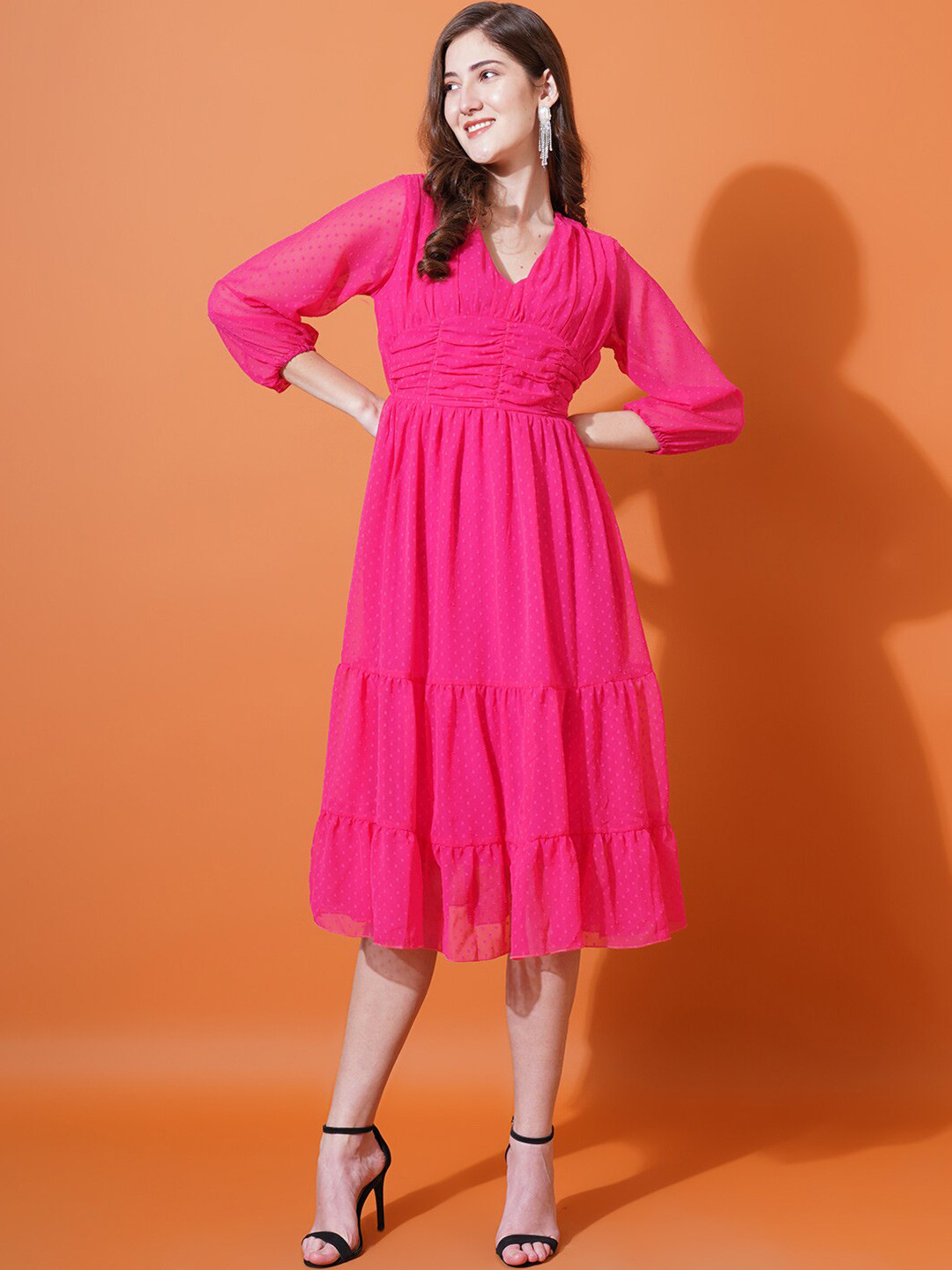 U&F Magenta Self Design Puff Sleeves Gathered Georgette Midi Empire Dress