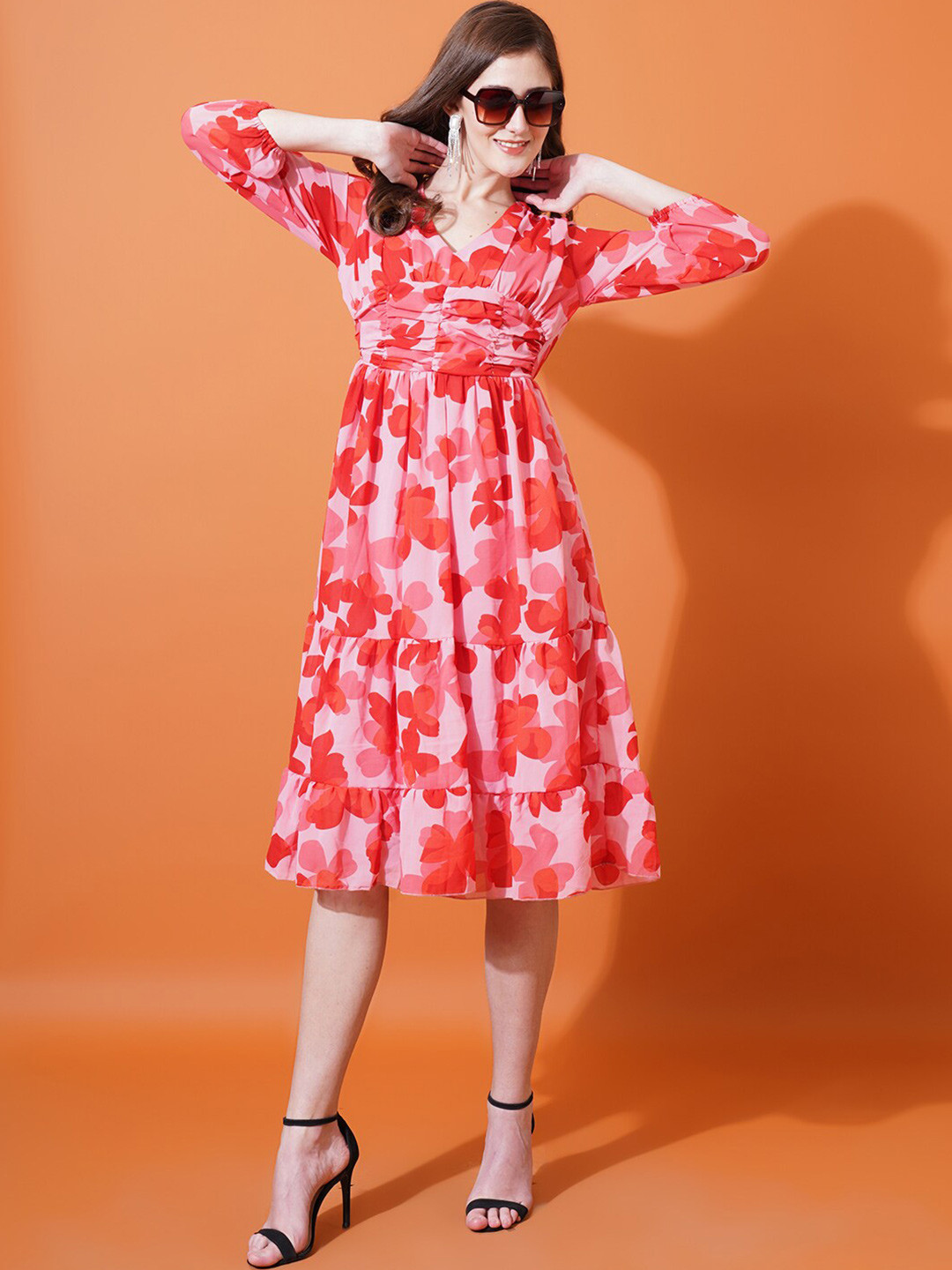 U&F Red Floral Printed V-Neck Puff Sleeves Gathered Georgette Midi Fit & Flare Dress