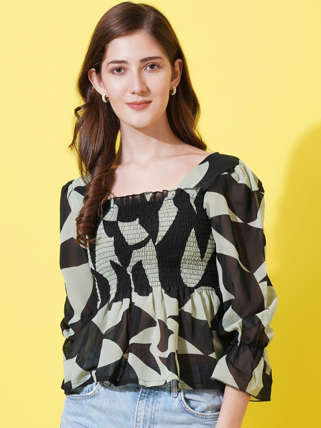 U&F Abstract Printed Square Neck Smoked Style Peplum Top