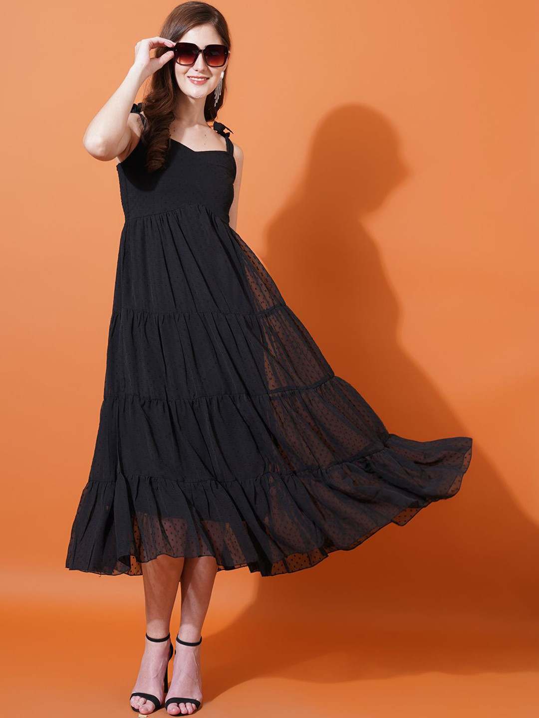 U&F Black Self Design Shoulder Straps Smocked Georgette Midi Fit & Flare Dress