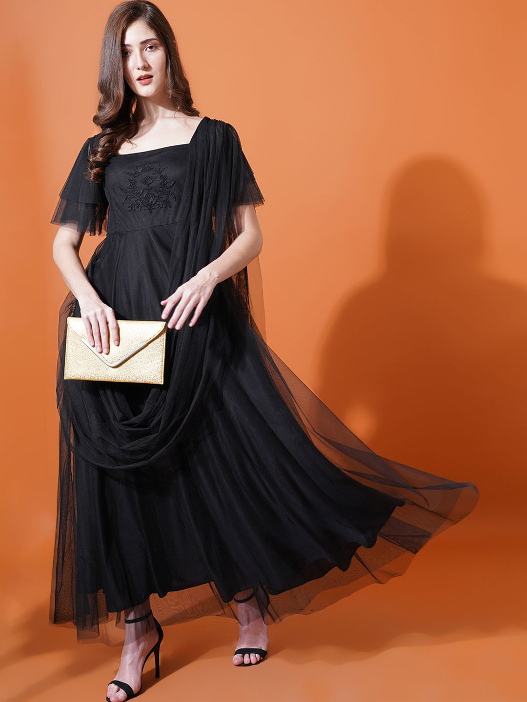 U&F Black Square Neck Flared Sleeves Embroidered Net Maxi Fit & Flare Dress