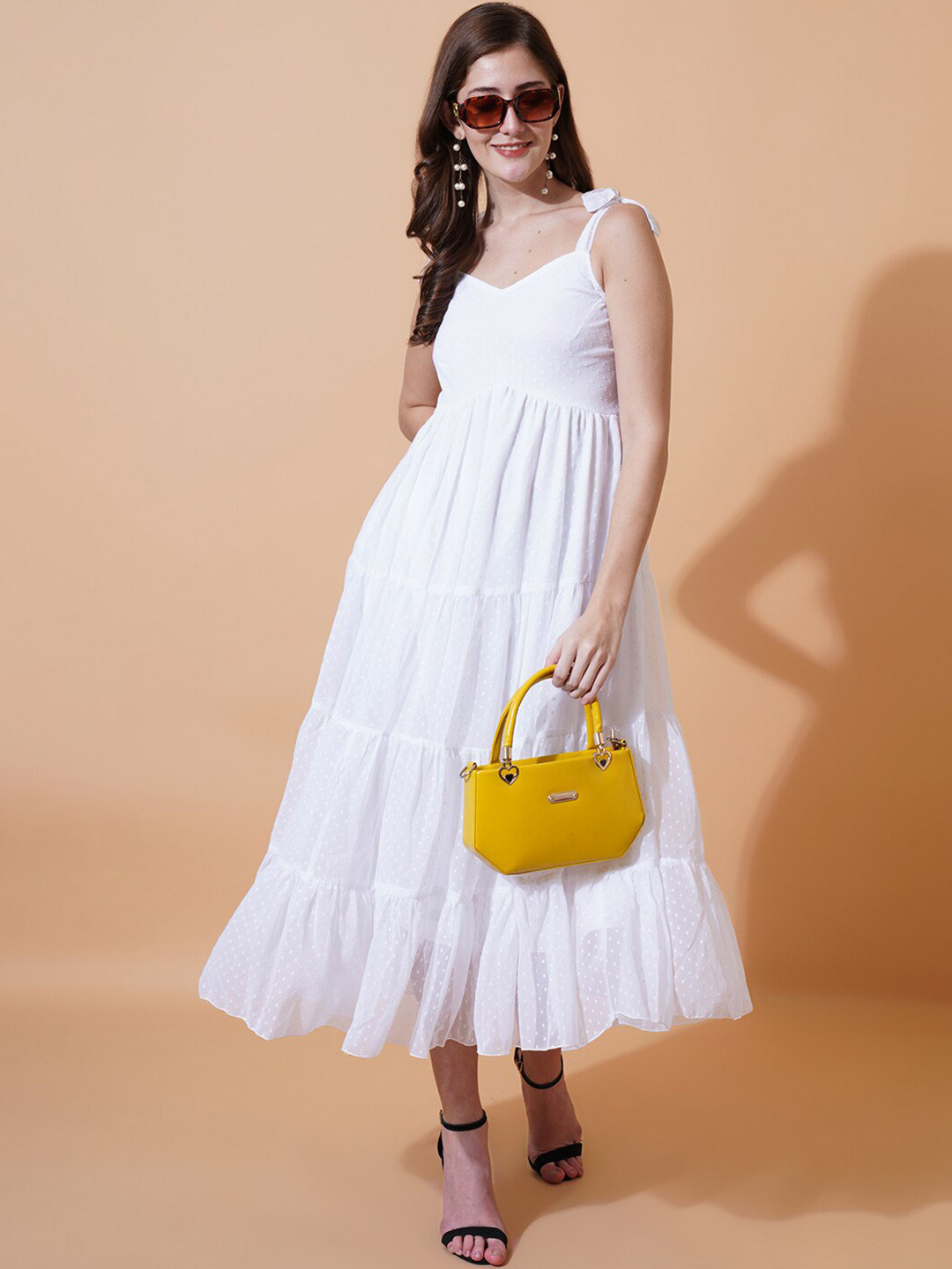 U&F White Self Design Shoulder Straps Gathered Georgette Midi Fit & Flare Dress