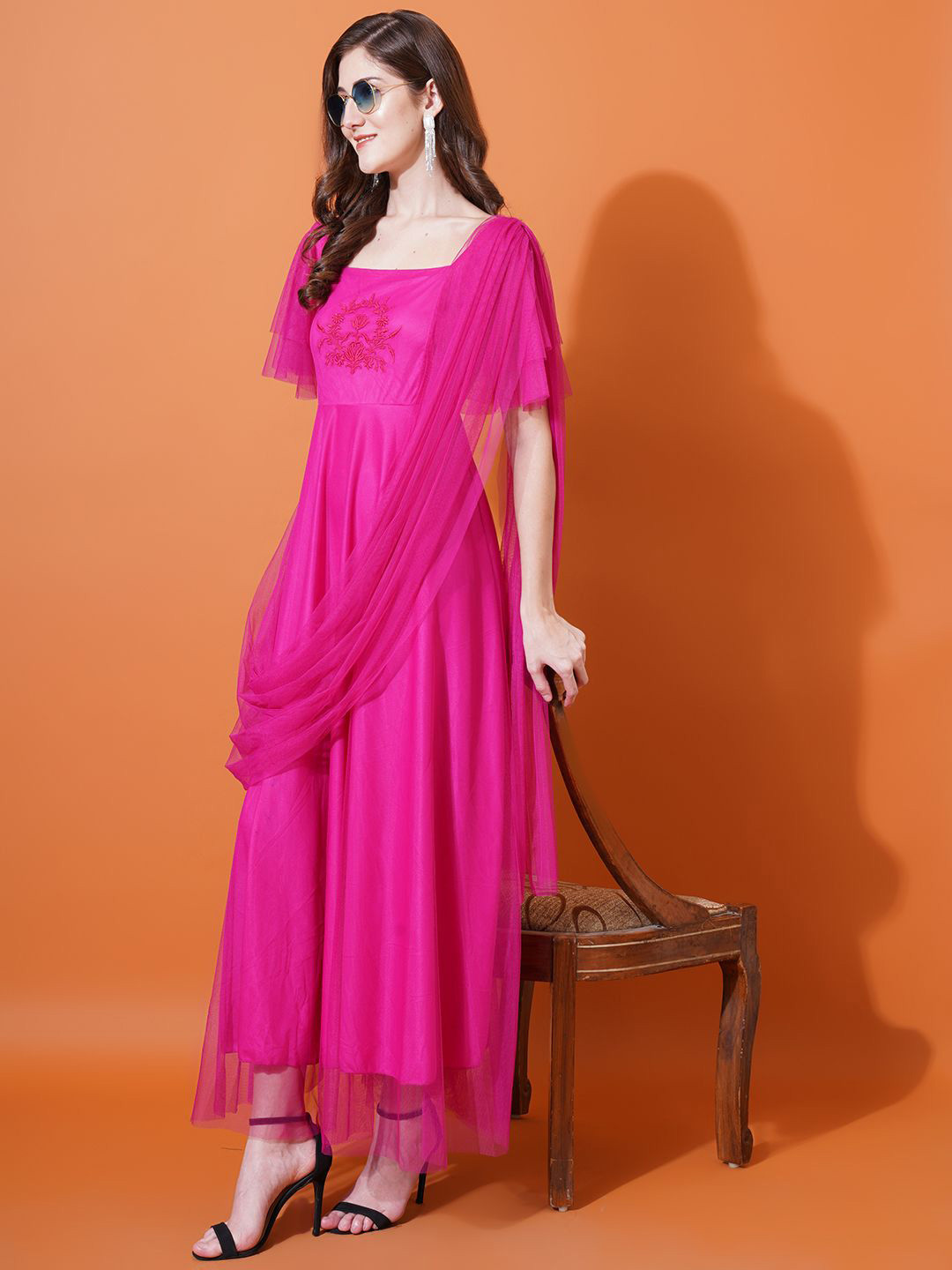 U&F Magenta Square Neck Flared Sleeves Embroidered Net Maxi Fit & Flare Dress