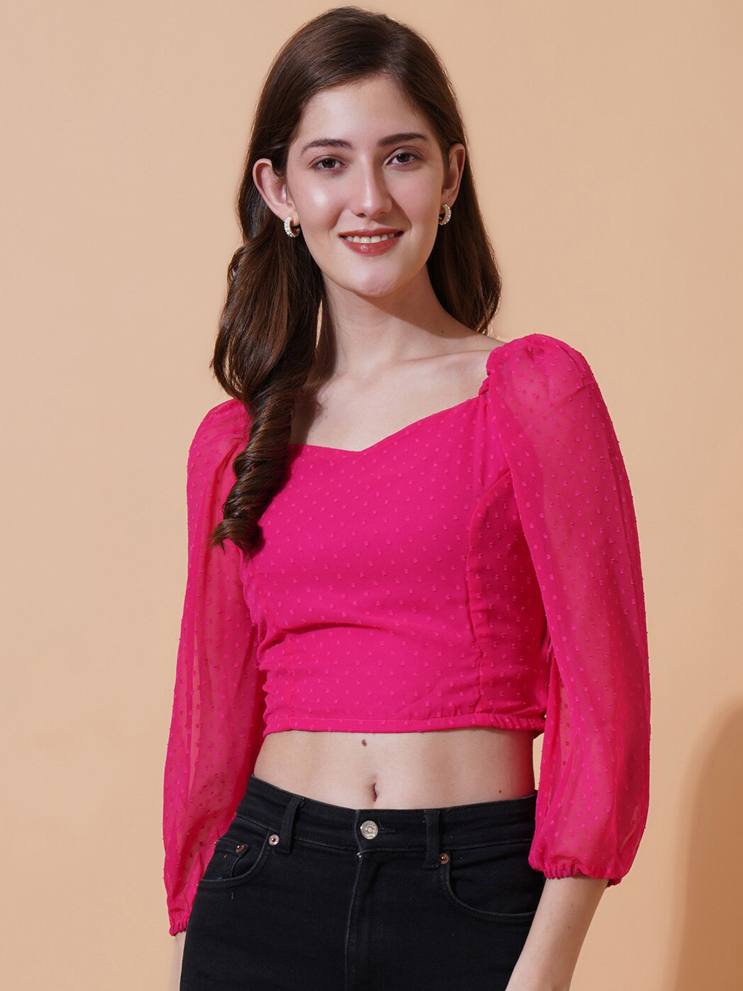 U&F Self Design Sweetheart Neck Puff Sleeves Smocking Georgette Crop Top