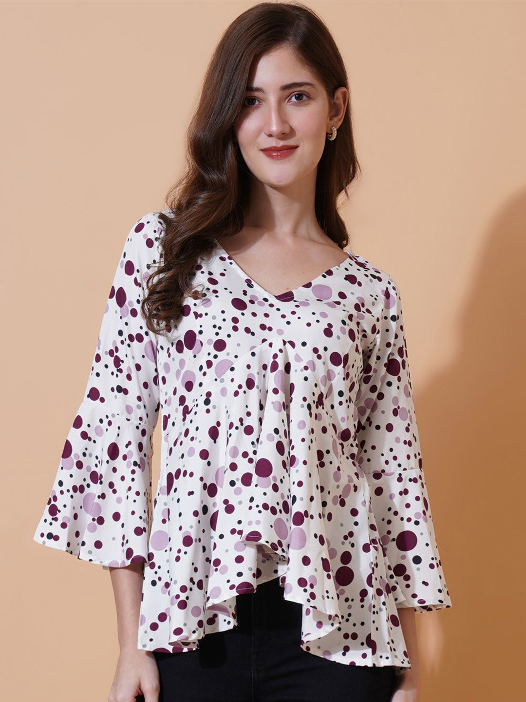 U&F Ploka Dot Printed V-Neck Crepe High-Low Top