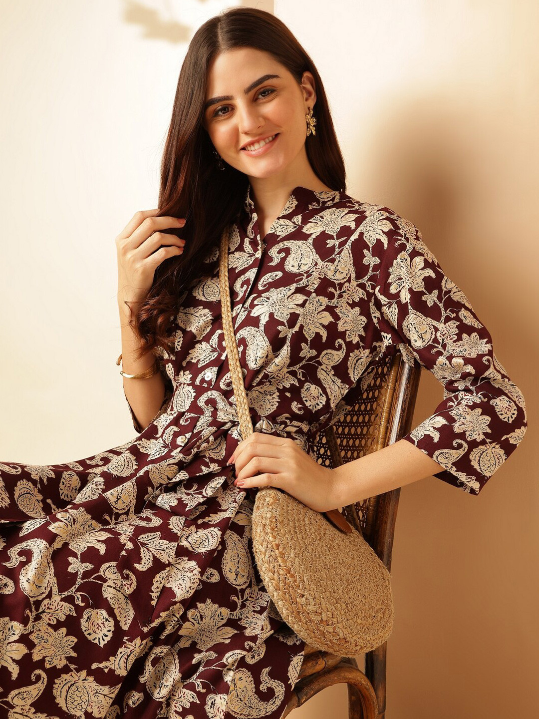 Maroon & Beige Floral Print Knee Length Shirt Dress