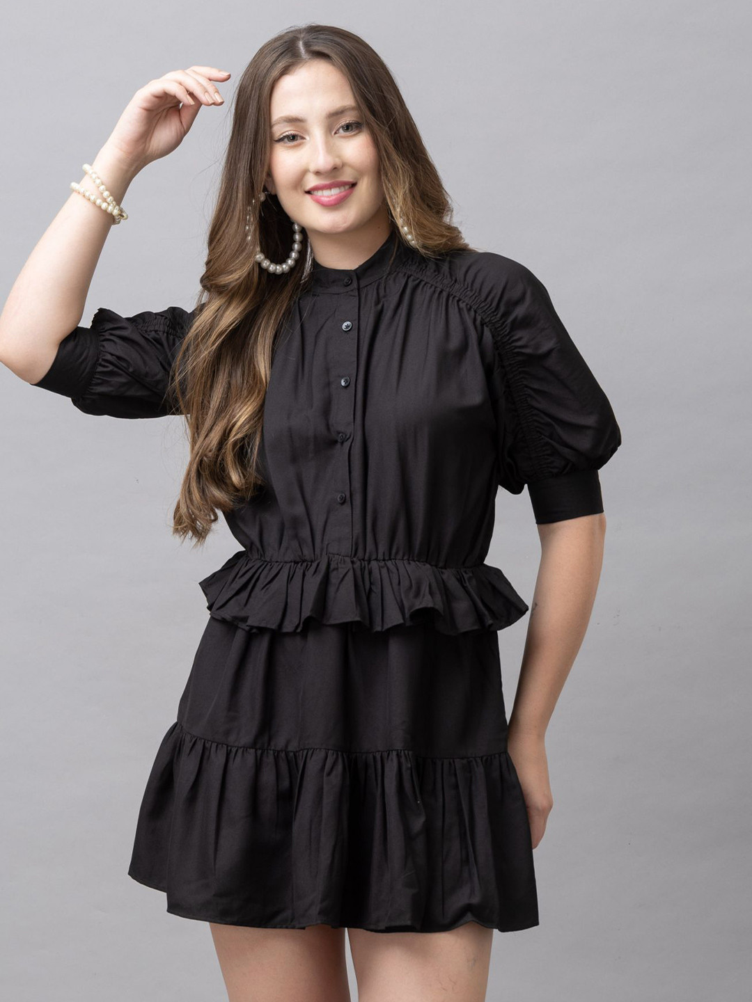 HAUTEQUE Band Collar Raglan Sleeve Gathered Detailed Flounce A-Line Dress