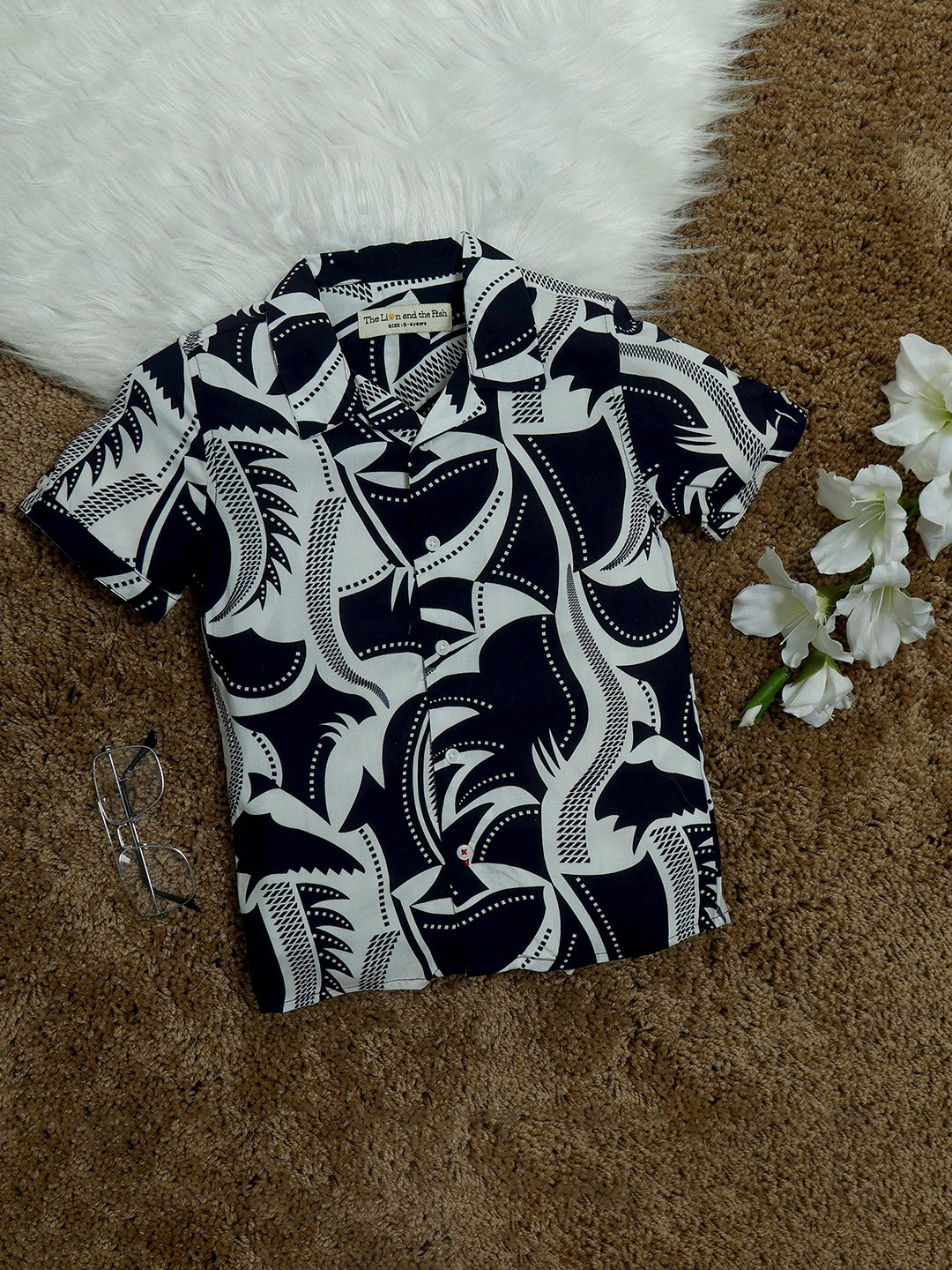 The Lion and The Fish Boys Relaxed Fit Japanese Printed Cuban Collar Shirt