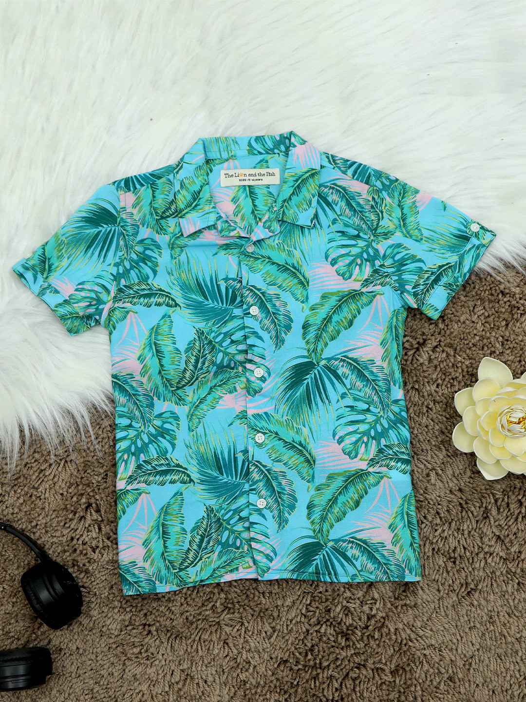 The Lion and The Fish Boys Relaxed Fit Hawaiian Tropical Cuban Collar Shirt