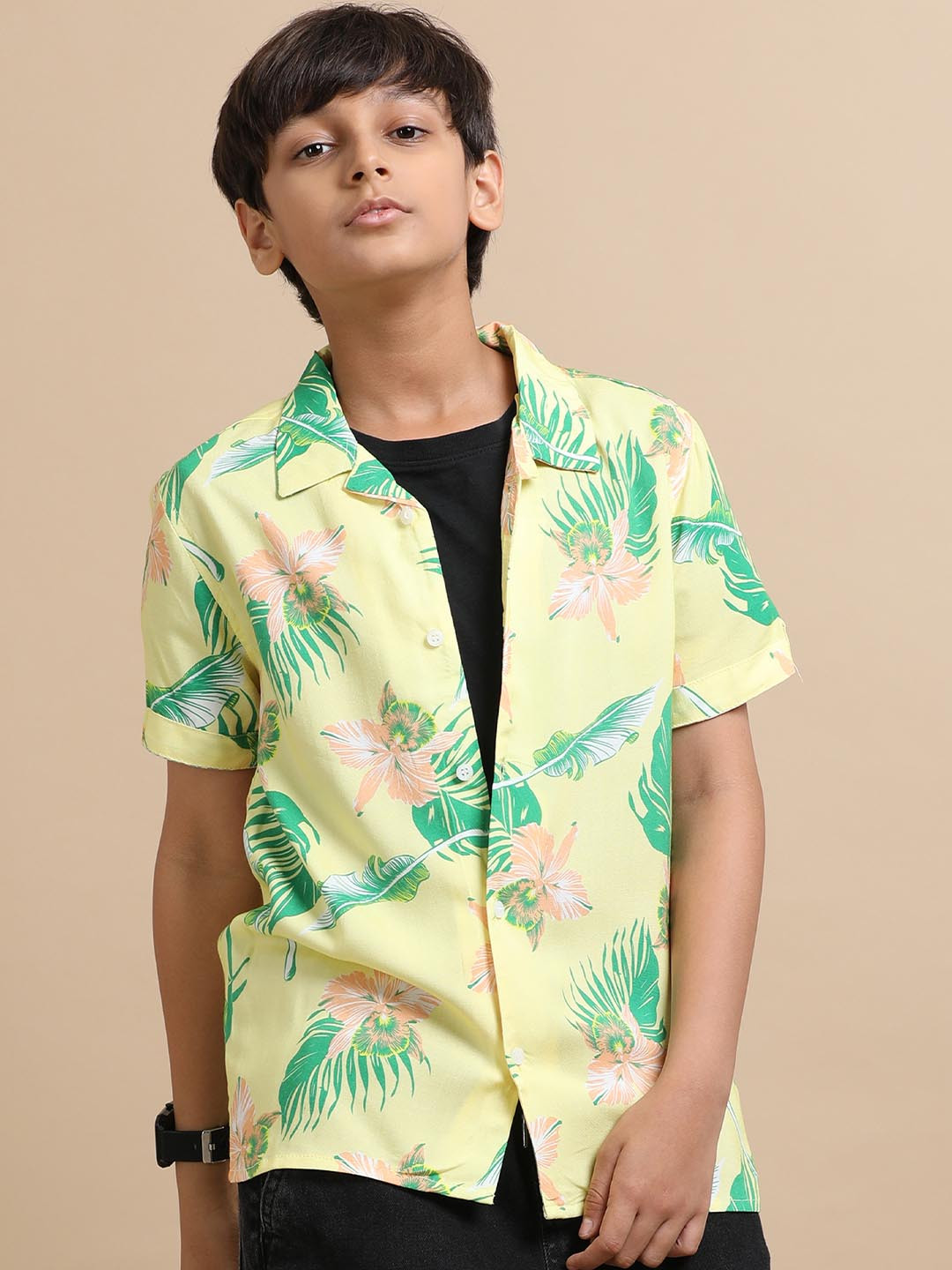 The Lion and The Fish Boys Relaxed Fit Tropical Flower Printed Cuban Collar Shirt