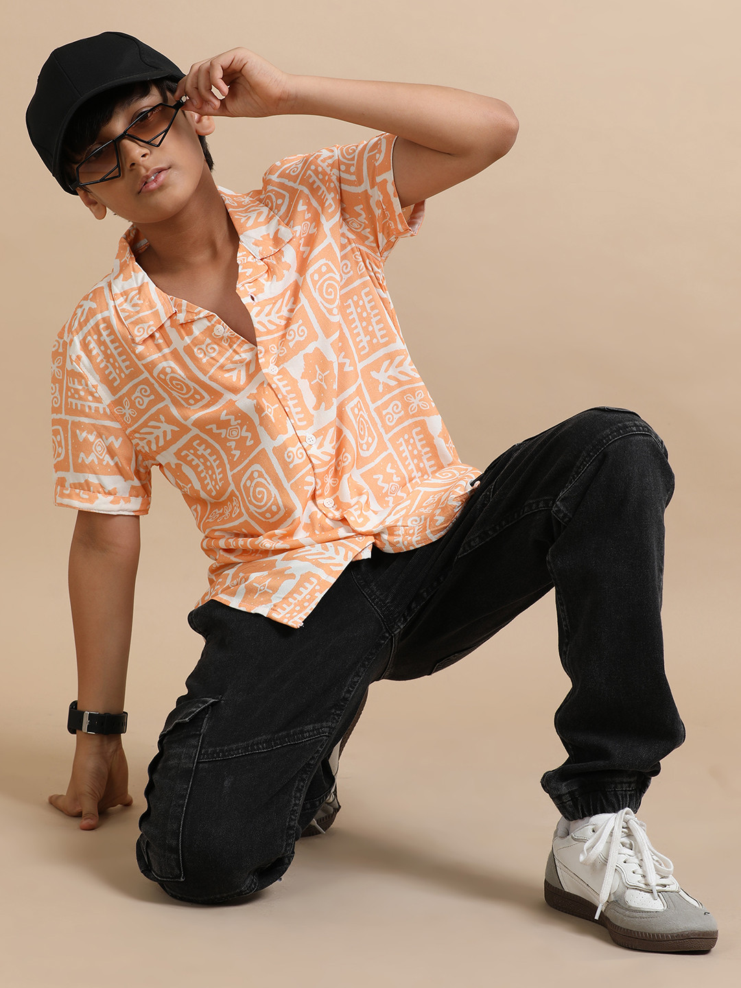 The Lion and The Fish Boys Relaxed Fit Aztec Printed Cuban Collar Shirt