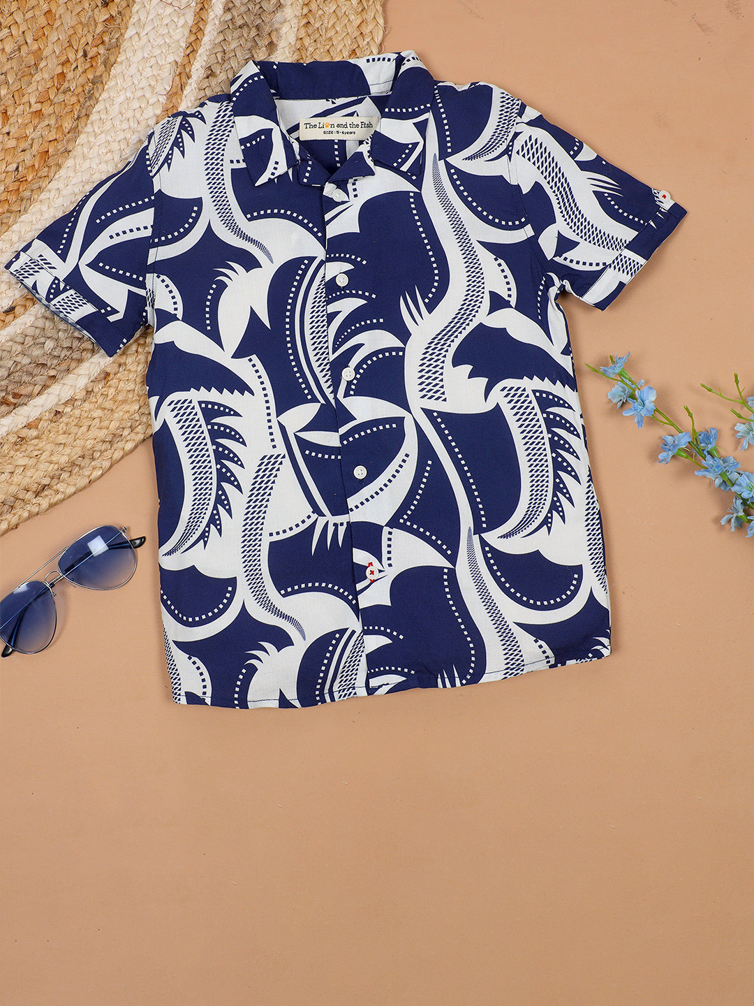The Lion and The Fish Boys Relaxed Fit Japanese Printed Cuban Collar Shirt